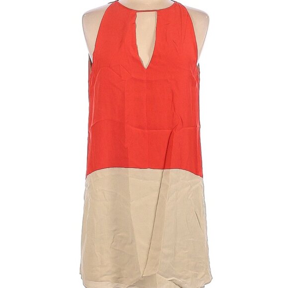 Parker Silk Dress Red Coral Tan Color Block Racer Back Women’s Medium - Picture 1 of 6